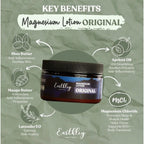 Earthley Wellness Magnesium Lotion in a jar with key benefits listed. Available for order online. Experience soothing relief today!