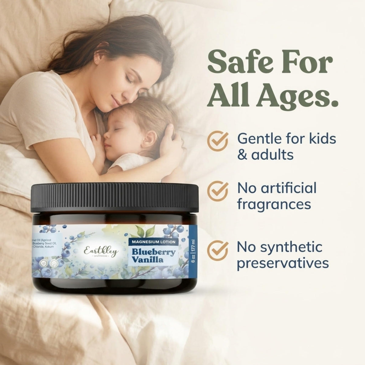 Earthley Wellness Magnesium Lotion in Blueberry Vanilla scent, safe for all ages, no synthetic preservatives.
