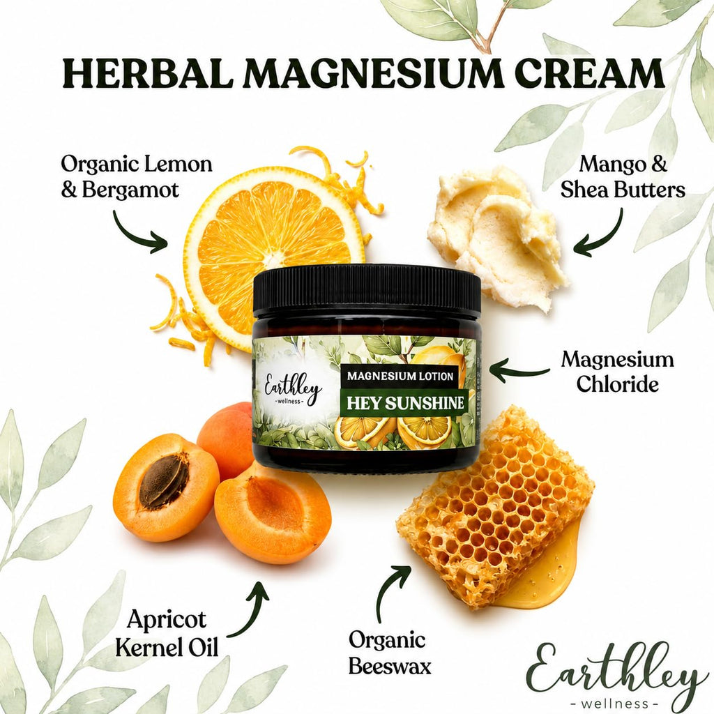 Earthley Wellness Magnesium Lotion features organic ingredients like lemon, bergamot, and mango. Verified by CuratCart.