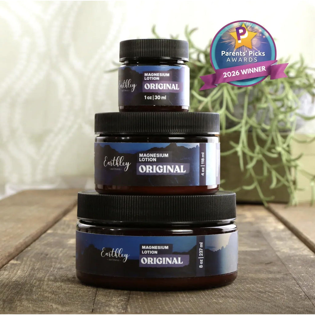 Authentic Earthley Wellness Magnesium Lotion in three sizes, winner of 2026 Parents' Picks Awards, displayed against a natural backdrop.