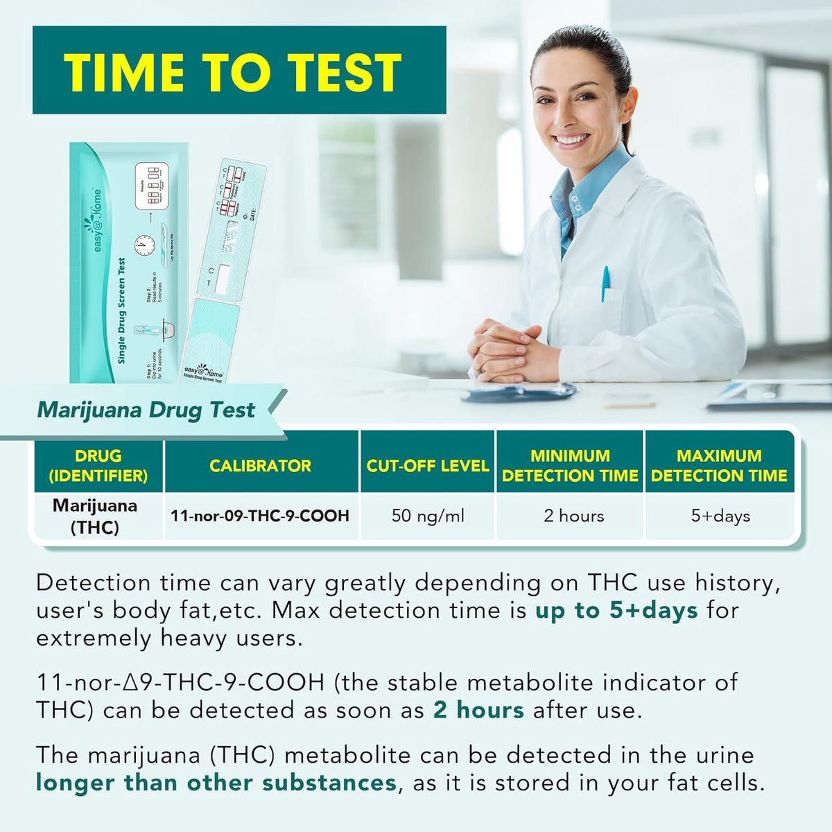 Official Easy@Home marijuana drug test kit with detailed instructions and detection information for THC levels.