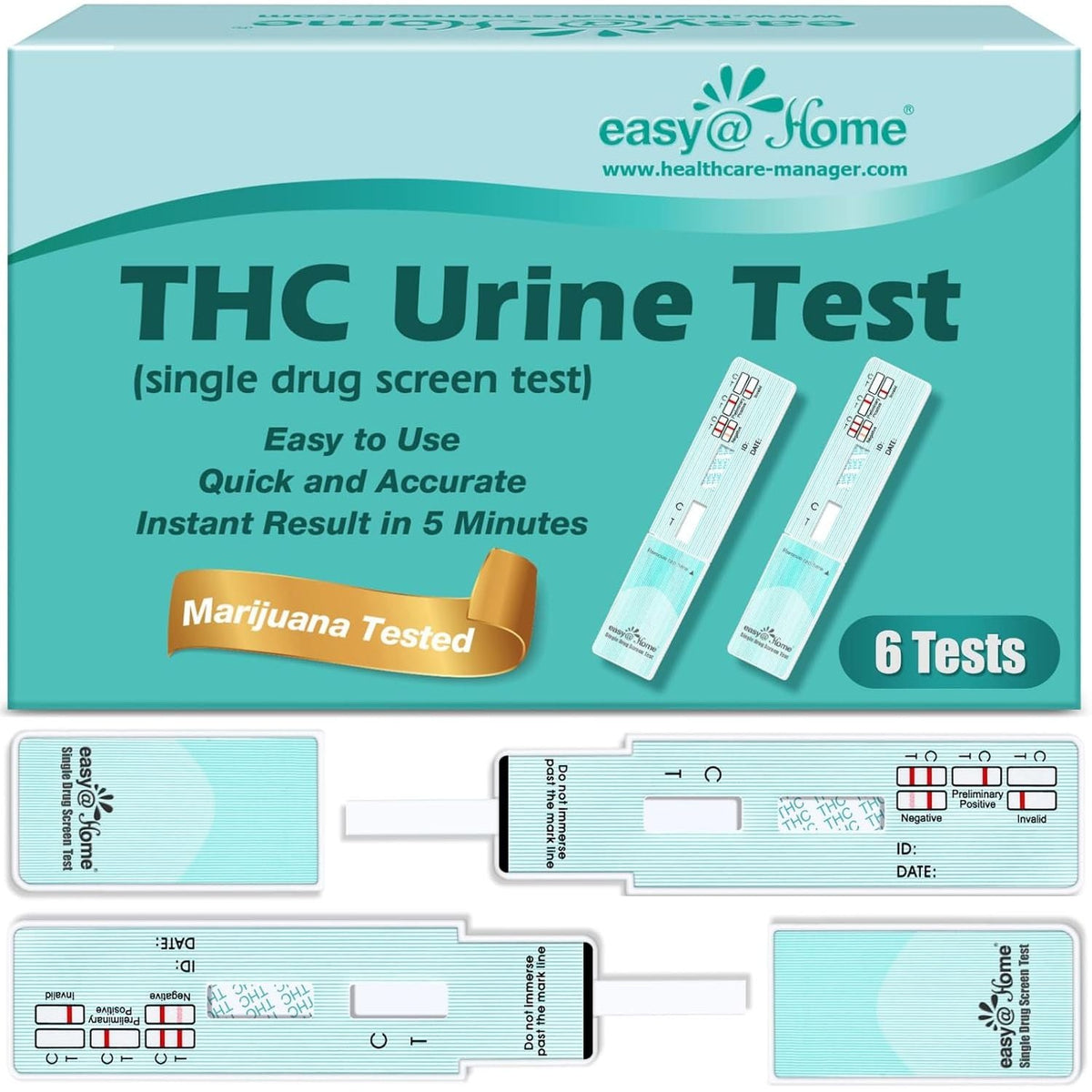 Easy@Home THC Urine Test Kit offers 6 tests for quick, accurate results in just 5 minutes, ensuring reliable marijuana screening.