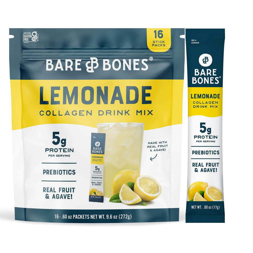 Bare Bones Lemonade Collagen Protein Powder Drink Mix, 16 Stick Packets | 5g Collagen Protein | Prebiotic Collagen Drink Mix for Water | Naturally Sweetened, Light & Flavorful | Gluten & Dairy Free