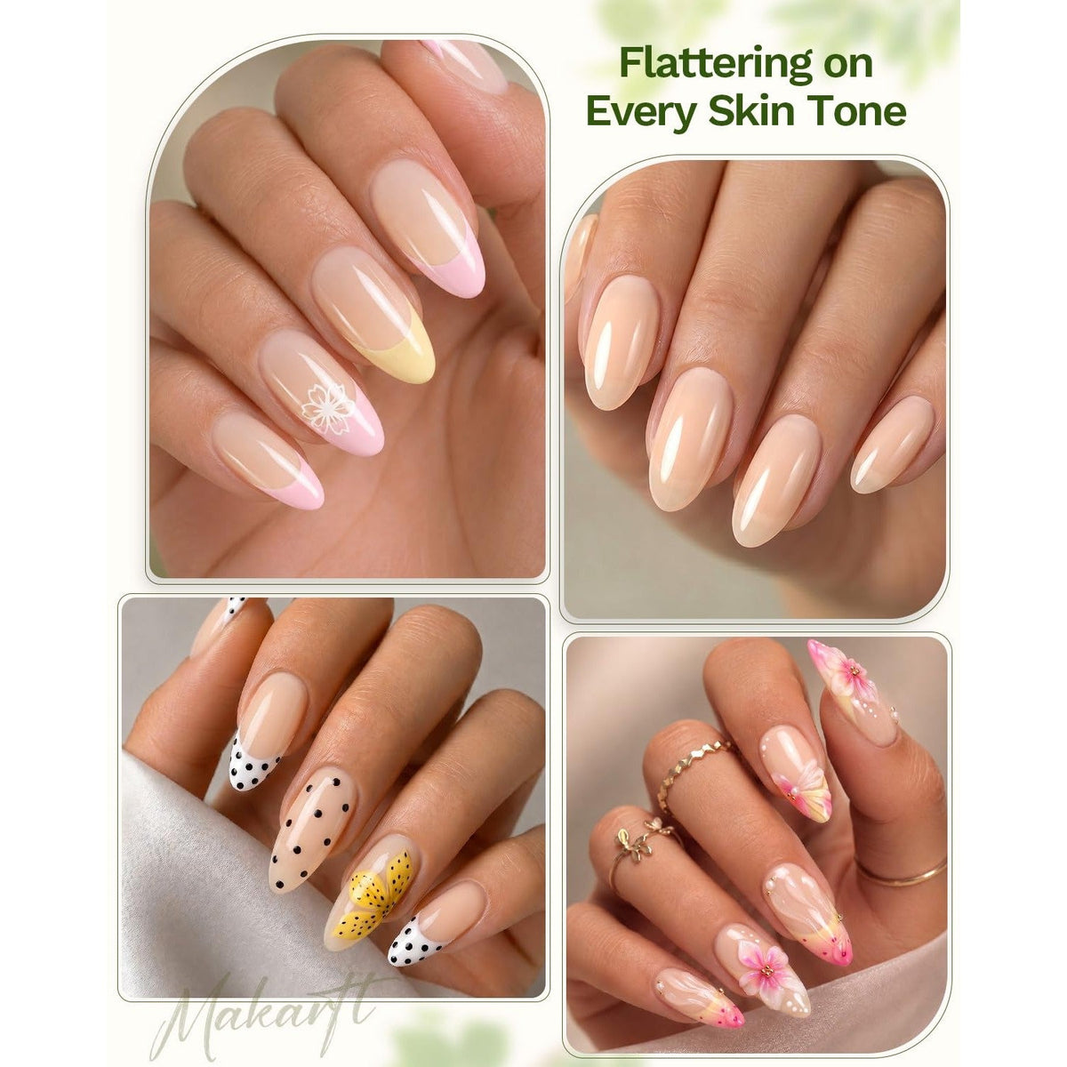 Makartt's Milky Pink Gel Nail Polish offers a flattering shade for all skin tones. Perfect for elegant nail designs with floral and polka dot accents.