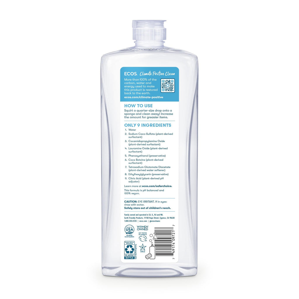 ECOS Dishmate Detergent back label highlights trusted ingredients and usage instructions. 100% Authentic, Available in India at Curat Cart.