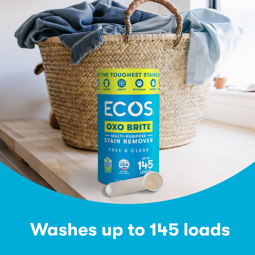 ECOS OXO BRITE Stain Remover offers powerful cleaning for up to 145 loads. Perfect for tough stains. Available at Curat Cart.