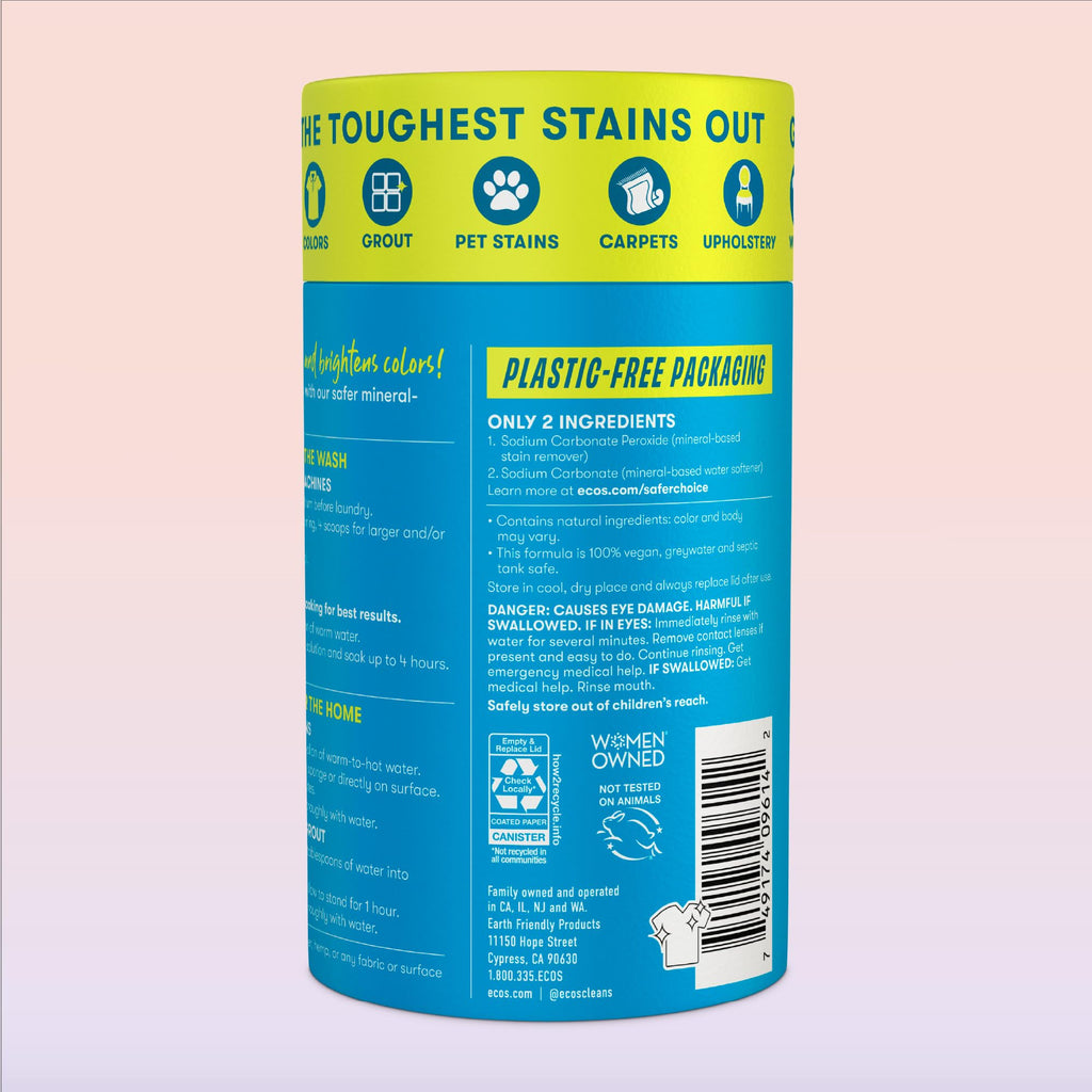 Curat Cart presents ECOS OXO BRITE Stain Remover in plastic-free packaging, ideal for tough stains on various surfaces.