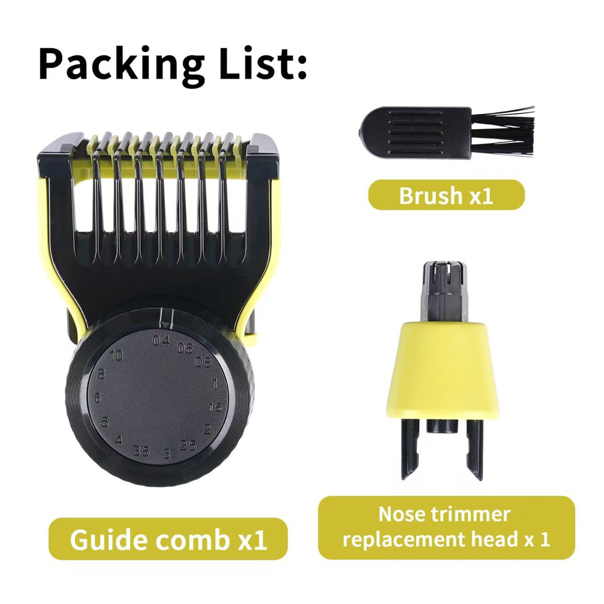 Electric Beard Trimmer Accessory set including guide comb, brush, and nose trimmer head. 100% Authentic, available at Curat Cart in India.