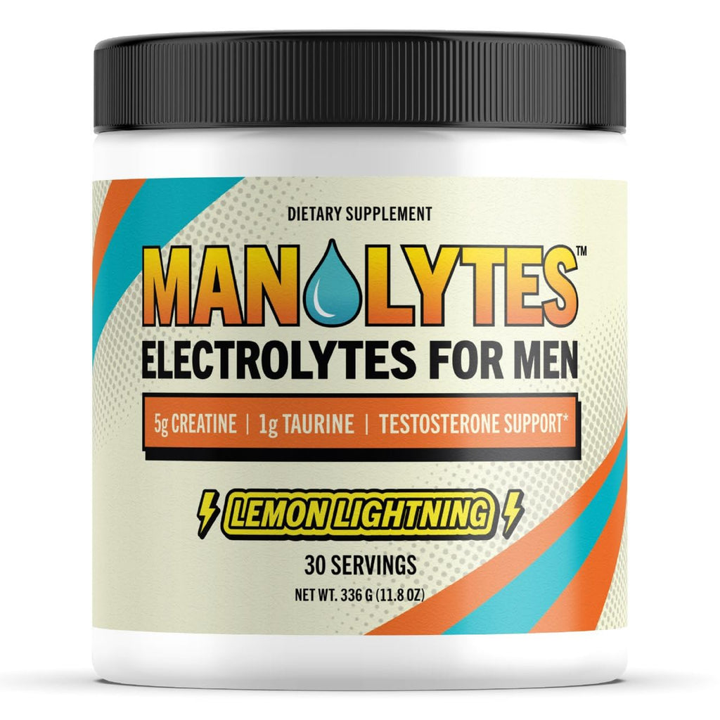 Premium imported MANALYTES Electrolytes for Men in Lemon Lightning flavor, offering 30 servings of hydration and testosterone support. Curat Cart.