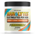 Premium imported MANALYTES Electrolytes for Men in Lemon Lightning flavor, offering 30 servings of hydration and testosterone support. Curat Cart.