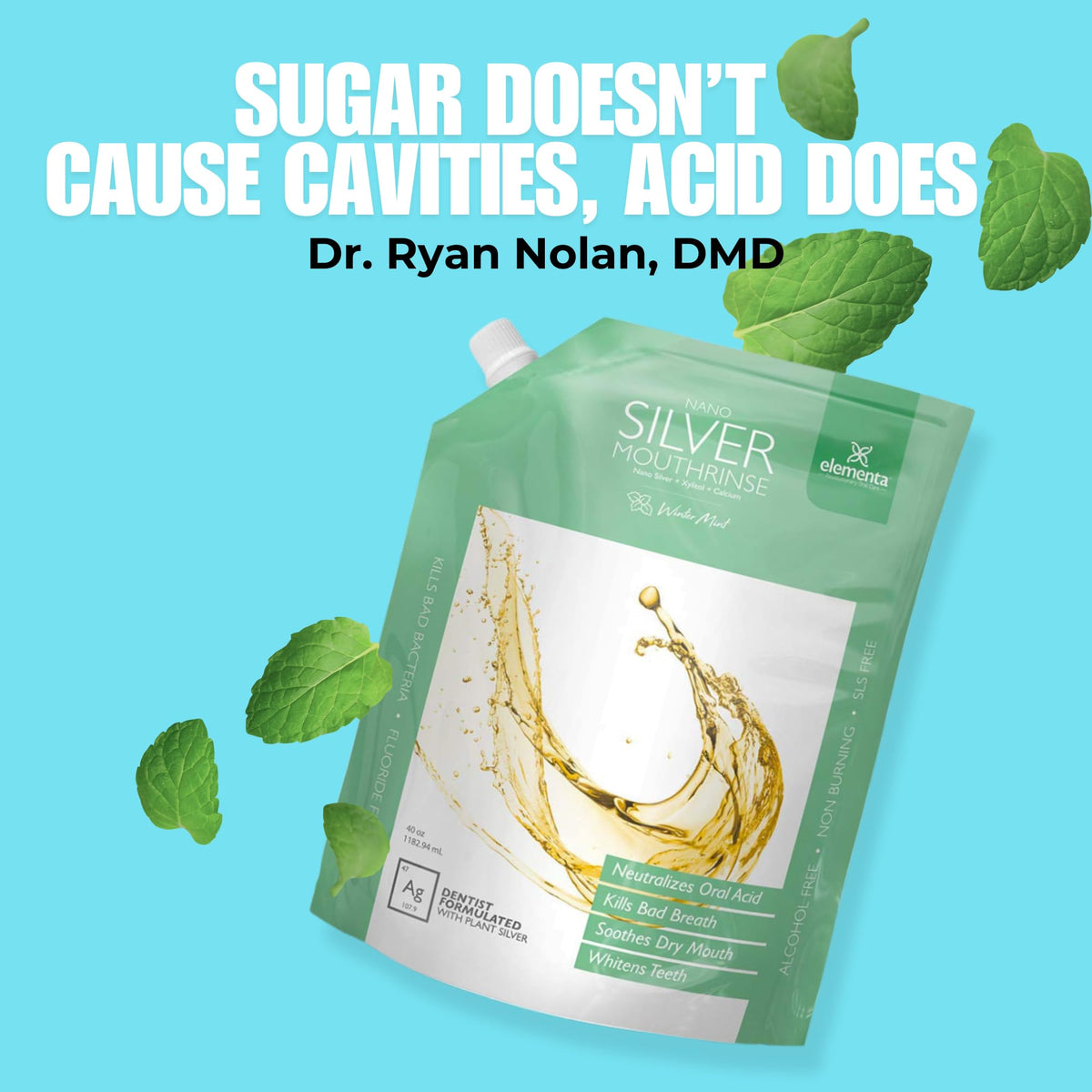 Elementa Silver Nano Mouth Wash in high-quality stand-up pouch, designed to neutralize oral acid and promote fresh breath. Available at Curat Cart.