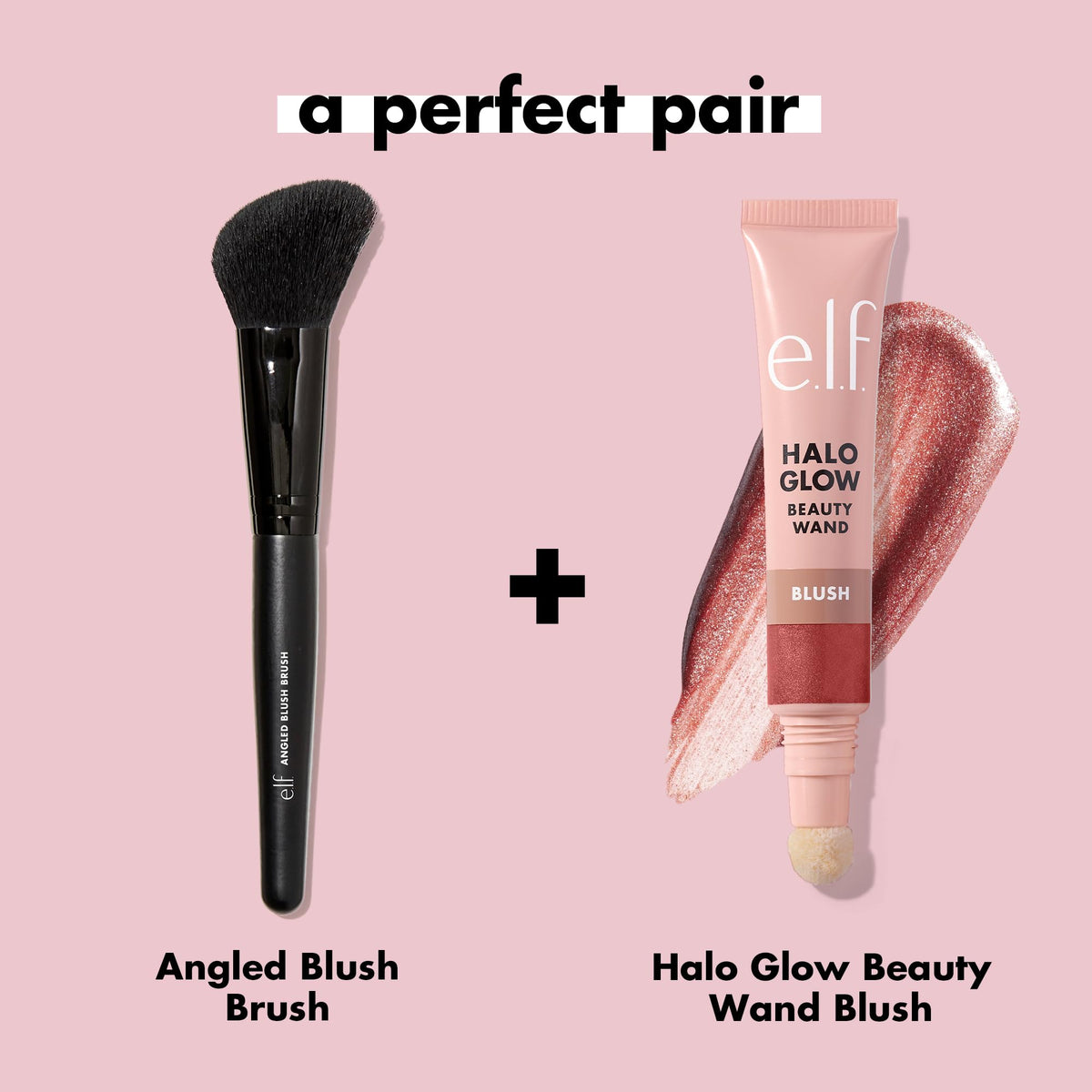 e.l.f. Angled Blush Brush paired with Halo Glow Beauty Wand Blush, showcasing original packaging and product details.