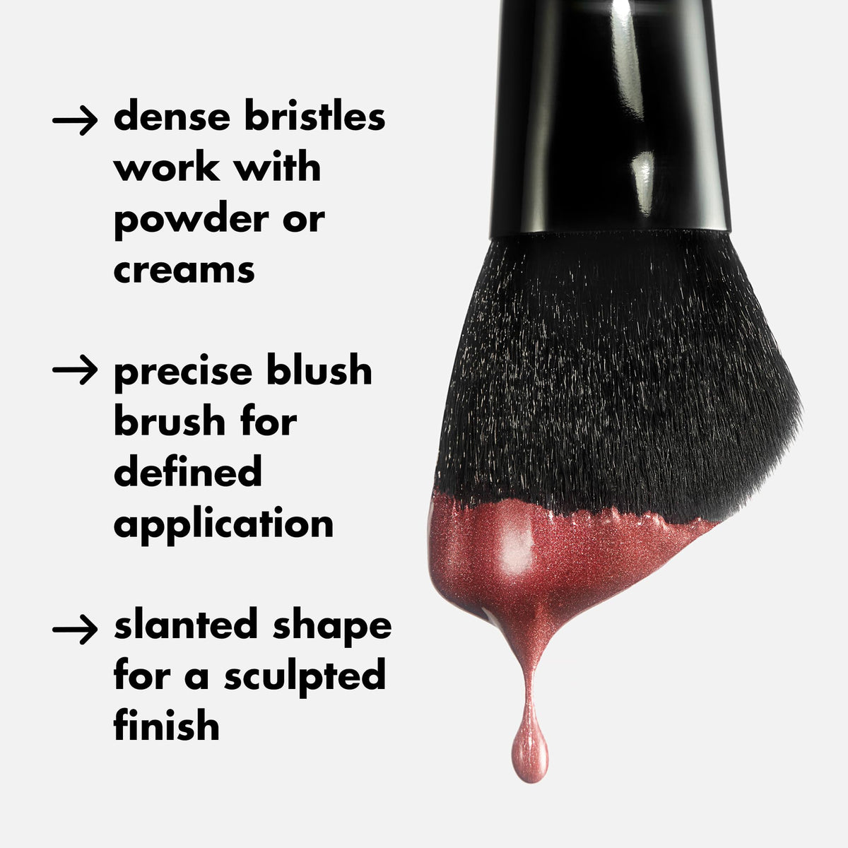 Premium imported e.l.f. Angled Blush Brush features dense bristles for effortless application and sculpted finish.