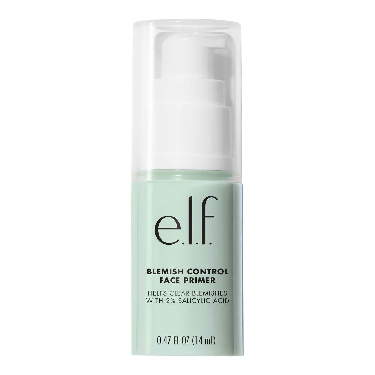 Authentic e.l.f. Blemish Control Face Primer in a pump bottle, 0.47 FL OZ, helps clear blemishes with 2% salicylic acid.