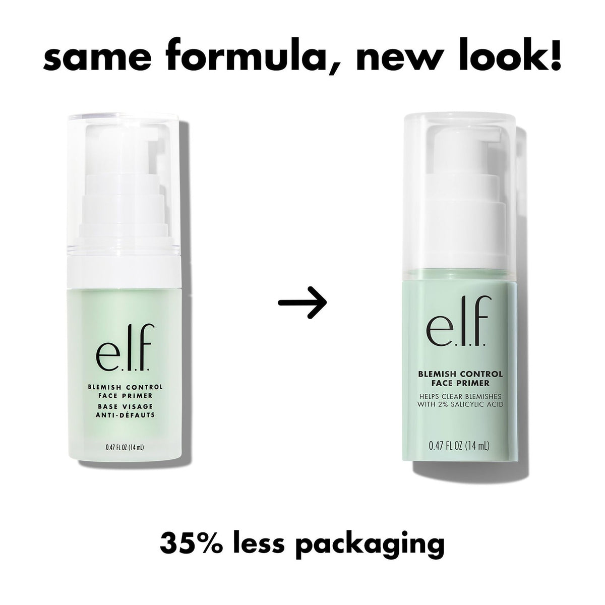 Premium imported e.l.f. Blemish Control Face Primer in new packaging, featuring 35% less waste and effective blemish-fighting formula.