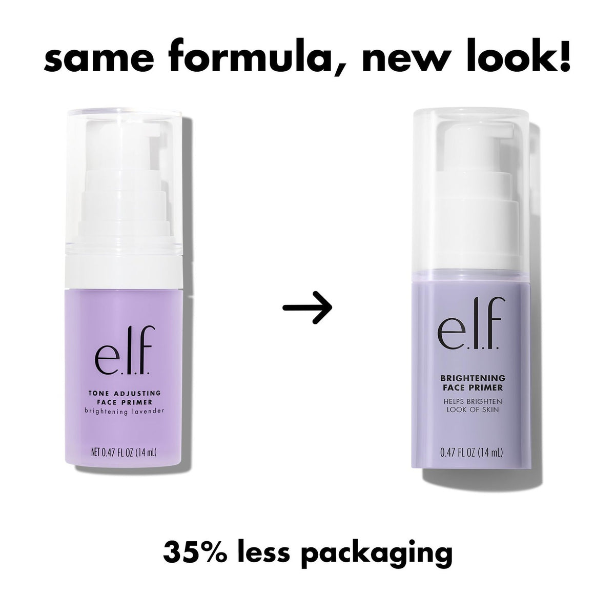 Premium imported e.l.f. Brightening Lavender Face Primer in new packaging, 35% less, brightens skin appearance.