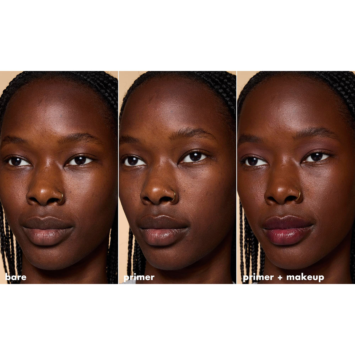 Demonstrating e.l.f. Brightening Lavender Face Primer, verified by CuratCart, enhances natural beauty effortlessly.
