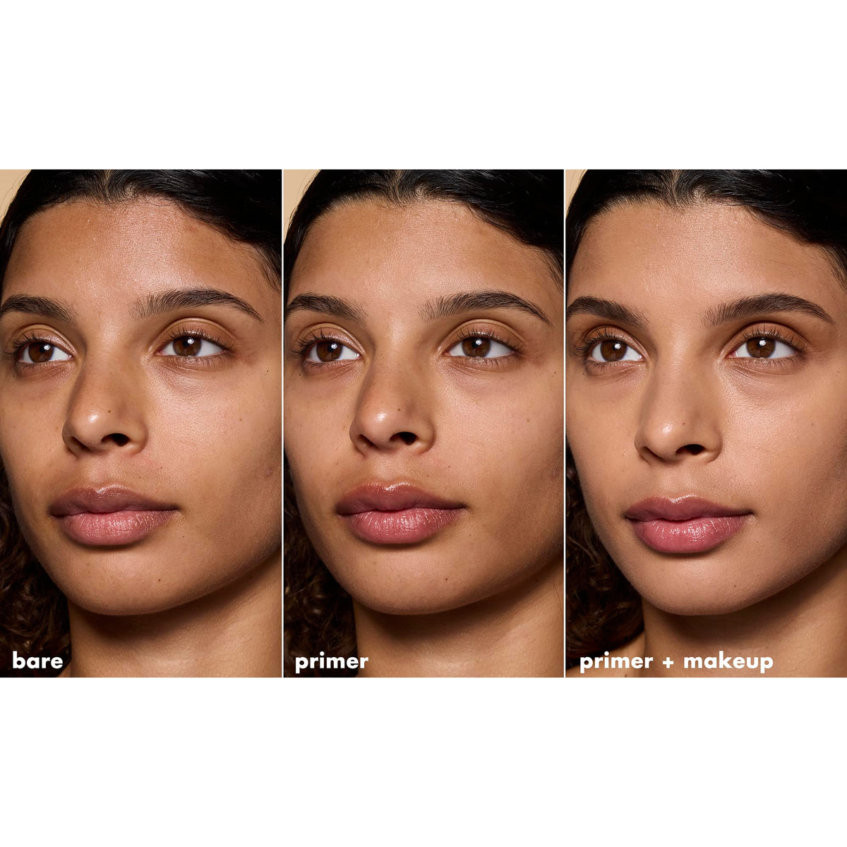 Showcasing e.l.f. Brightening Lavender Face Primer on bare skin, with primer, and finished makeup look for a radiant finish.