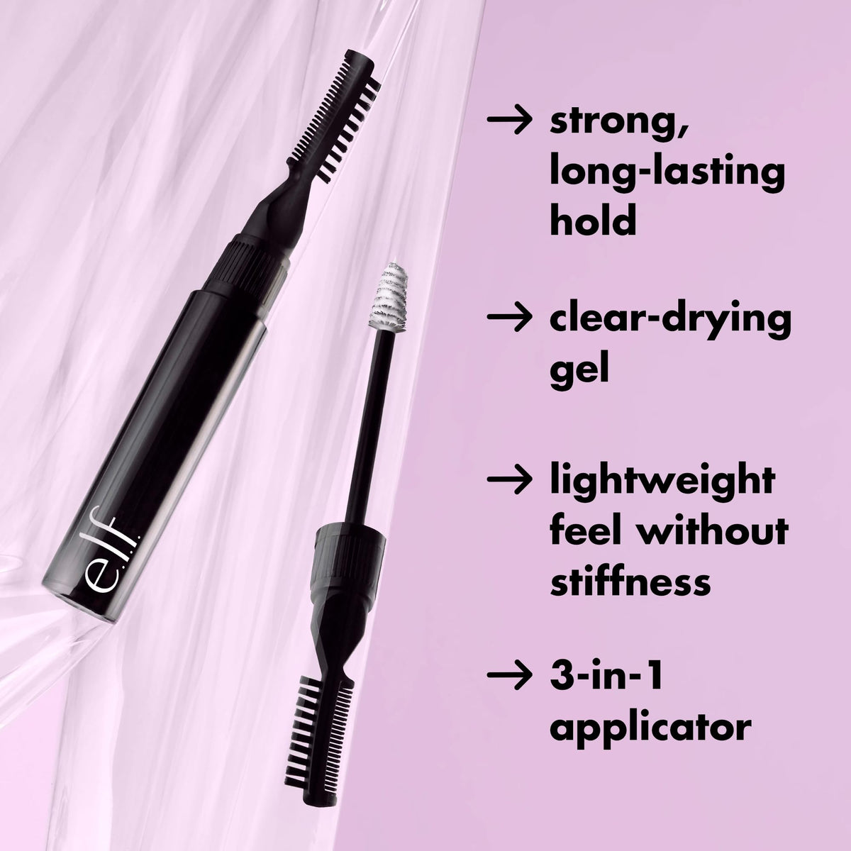 e.l.f. Brow Laminating Gel in original packaging, featuring a 3-in-1 applicator for strong, clear, and lightweight hold.