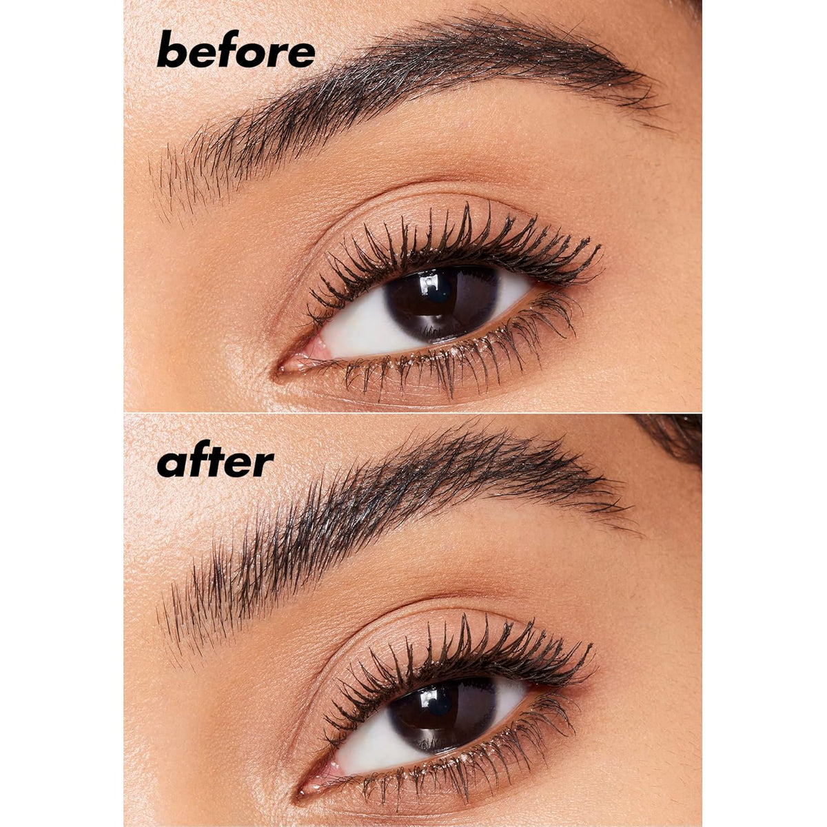 e.l.f. Brow Lift Clear Wax showcased in a before and after format, highlighting enhanced brow definition and styling.