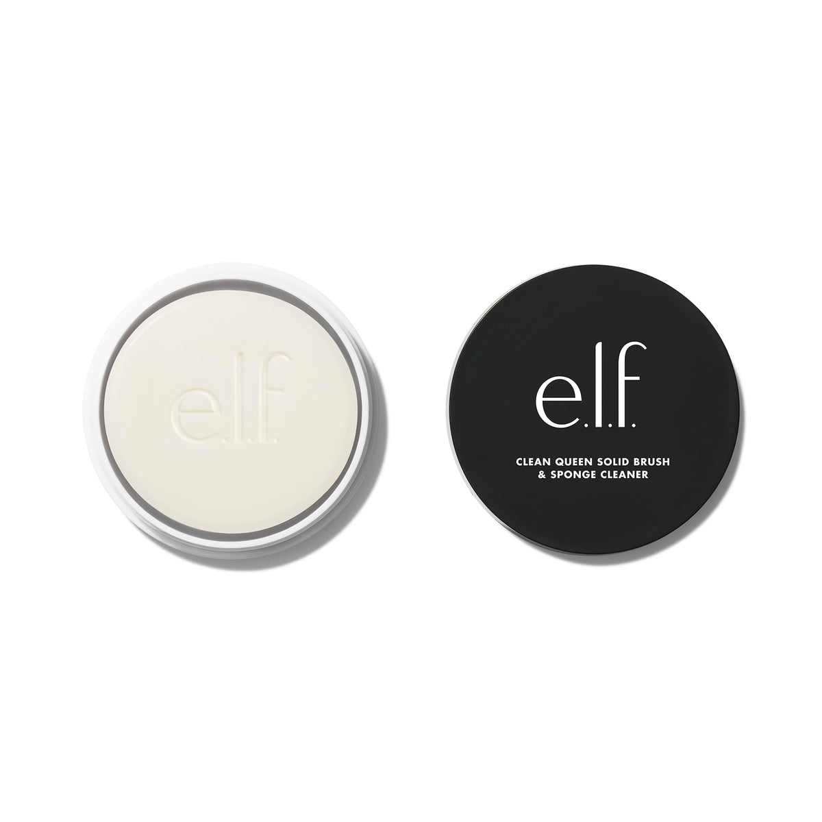 Original e.l.f. Clean Queen solid brush cleaner in sleek black packaging, designed for effective makeup brush cleaning.