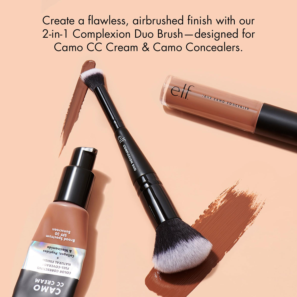 e.l.f. Complexion Duo Brush ensures a flawless finish with Camo CC Cream and Concealers. 100% Authentic, available at Curat Cart.