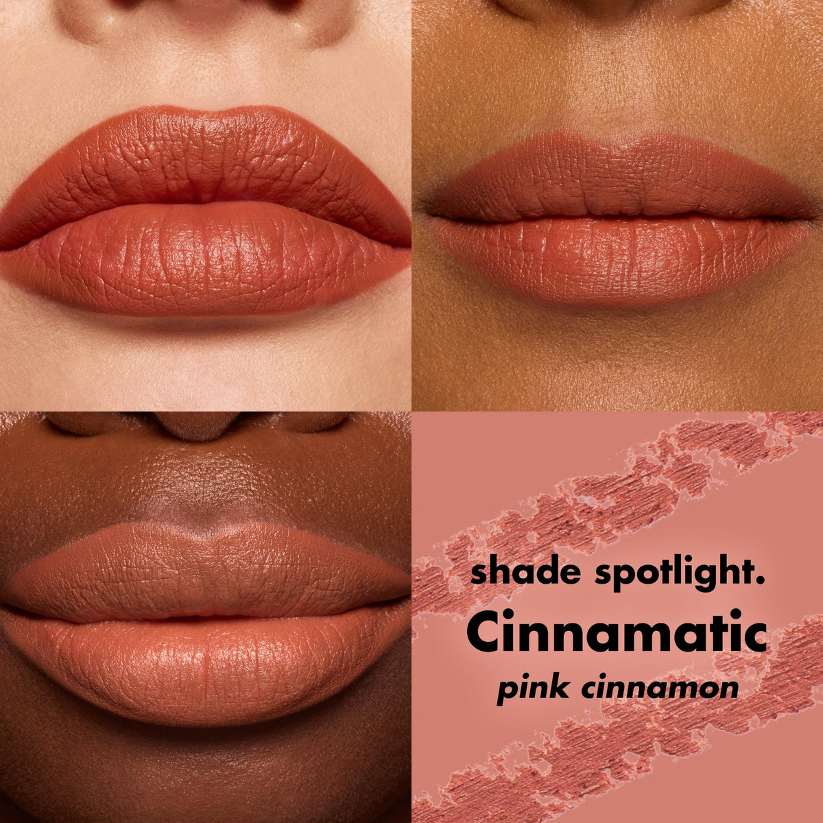 Display of e.l.f. Cream Glide Lip Liner in Cinnamatic, featuring luscious lip shades on diverse skin tones.