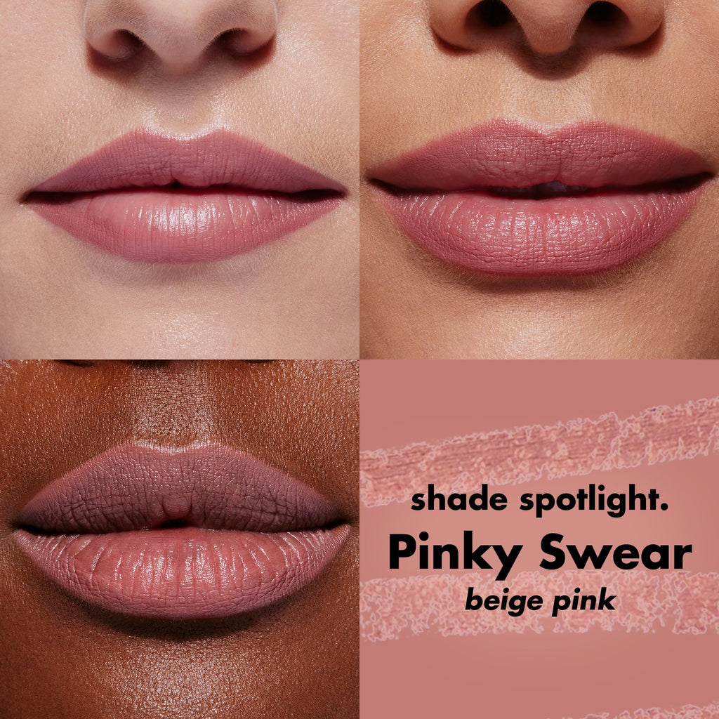 Premium e.l.f. Cream Glide Lip Liner in Pinky Swear, showcasing diverse lips in beige pink shade. Smooth, creamy application.