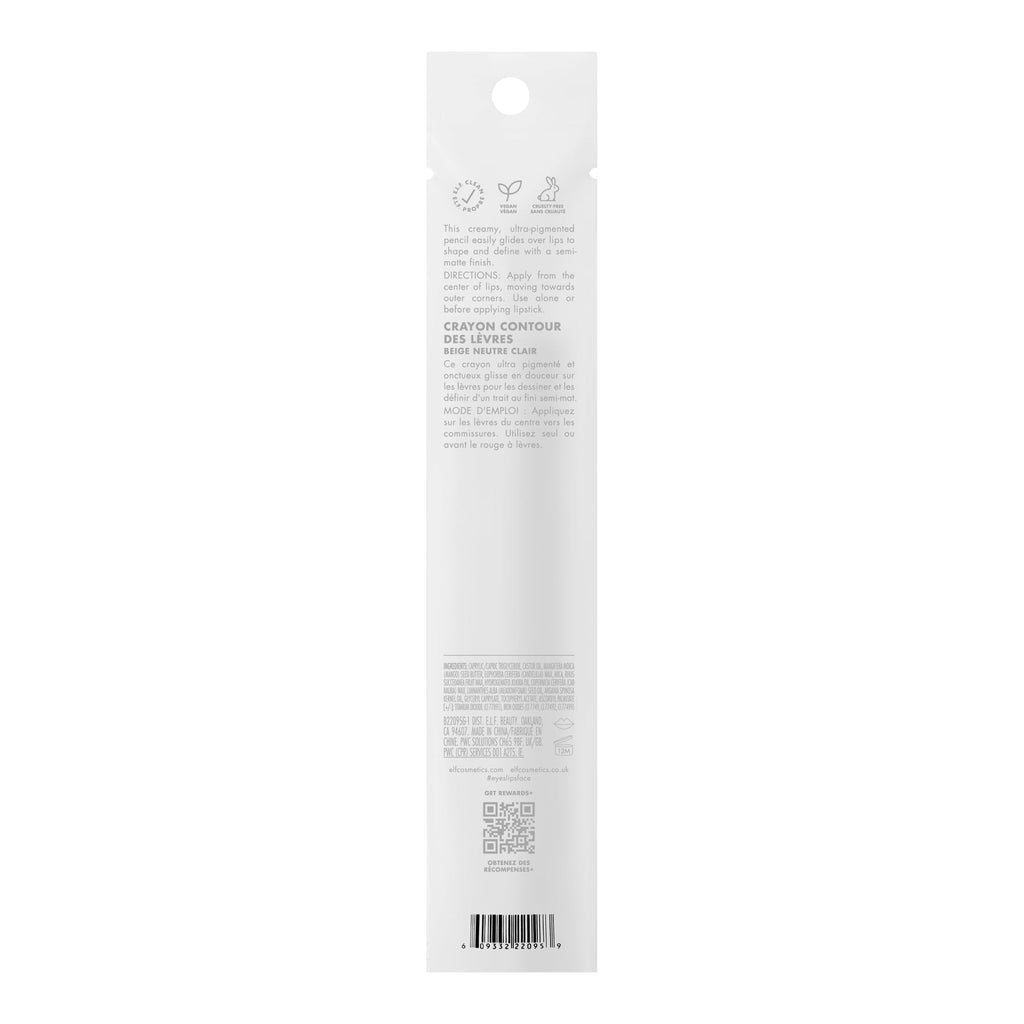 e.l.f. Cream Glide Lip Liner packaging, detailing directions and ingredients. 100% genuine, perfect for defining lips.