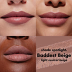 e.l.f. Cream Glide Lip Liner shades shown on diverse lips; Baddest Beige, a global favorite, offers a light neutral beige touch.