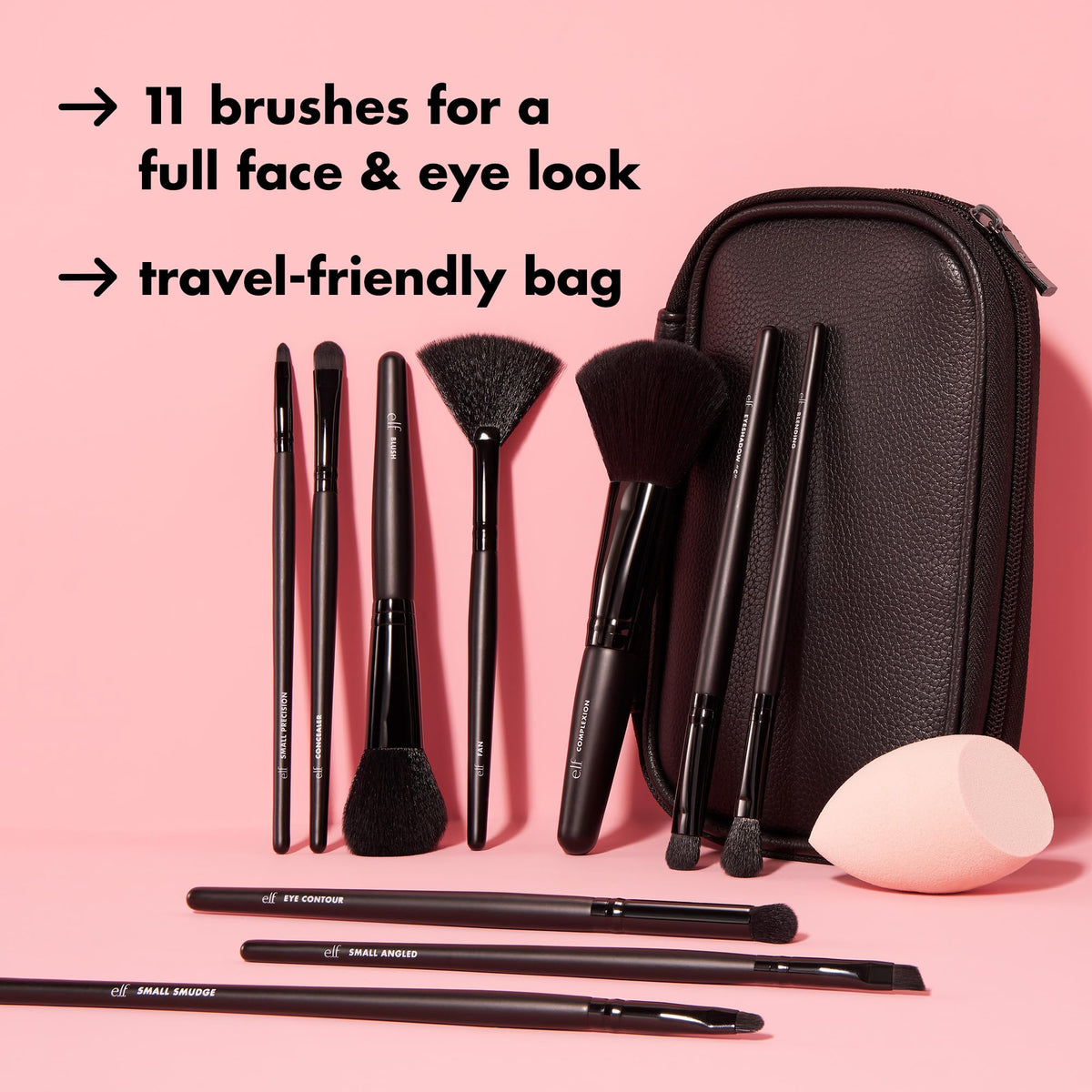 Premium imported e.l.f. Full Face Makeup Brush Set with 11 versatile brushes and a travel-friendly bag for flawless application.