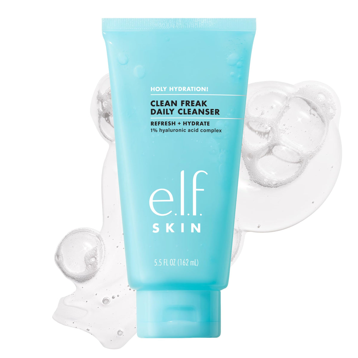 e.l.f. Holy Hydration Cleanser in a light blue tube, featuring refreshing hyaluronic acid for daily hydration.