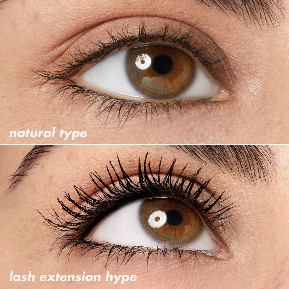 Showcasing e.l.f. Lash XTNDR Mascara results: natural lashes vs. dramatic lash extension effect. Original packaging included.