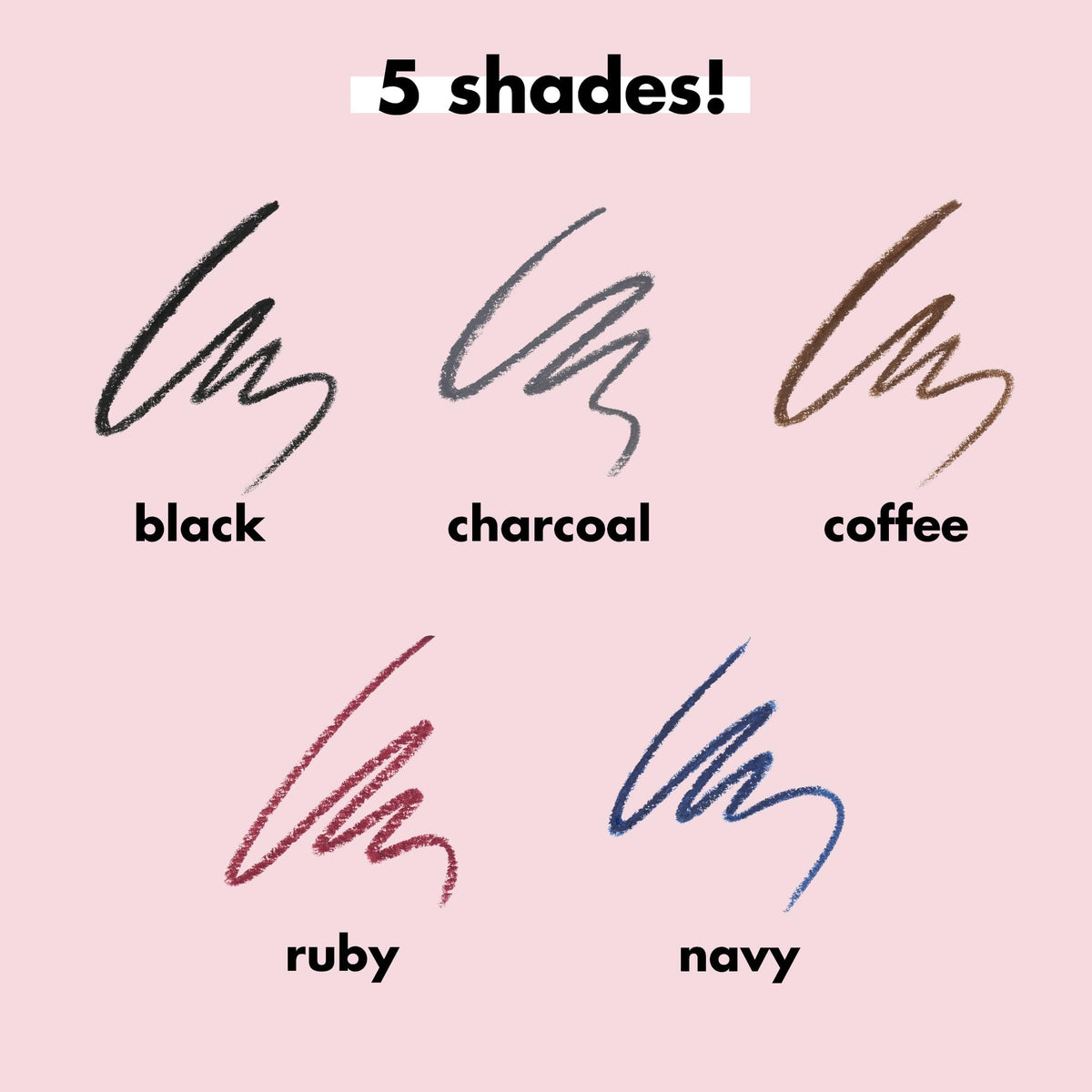 e.l.f. No Budge Eyeliner displayed in five shades: black, charcoal, coffee, ruby, and navy. Original packaging showcased.