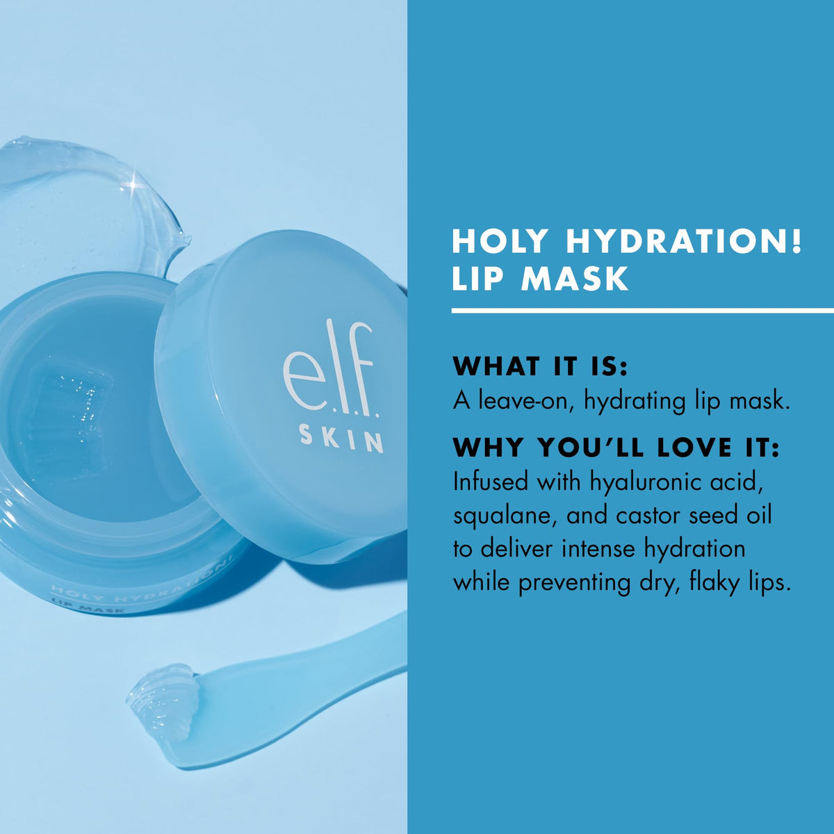 Premium imported e.l.f. SKIN Holy Hydration Lip Mask delivers intense hydration with hyaluronic acid and squalane for soft, smooth lips.