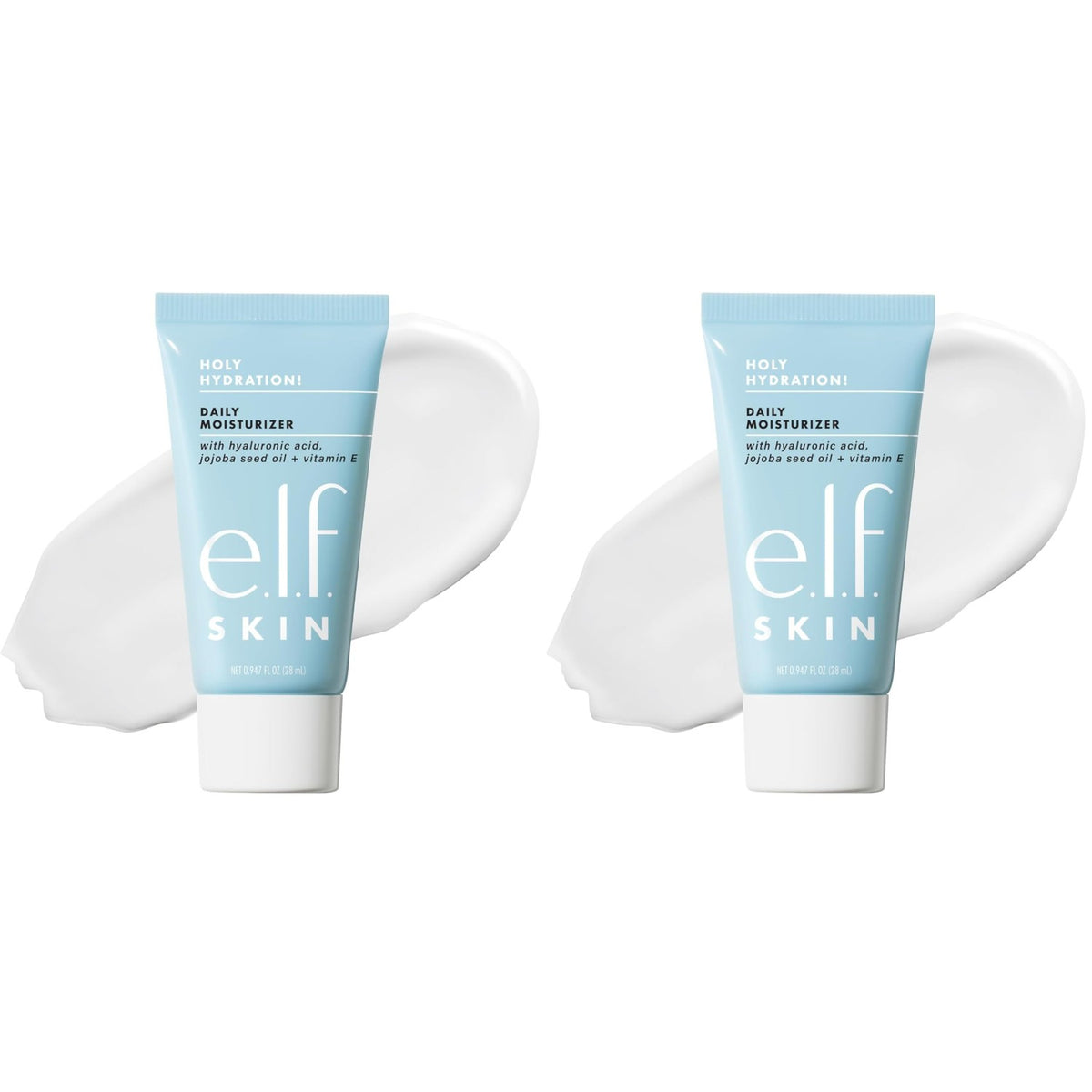 e.l.f. SKIN Holy Hydration Moisturizer tubes showcasing original packaging, ideal for daily hydration with hyaluronic acid.
