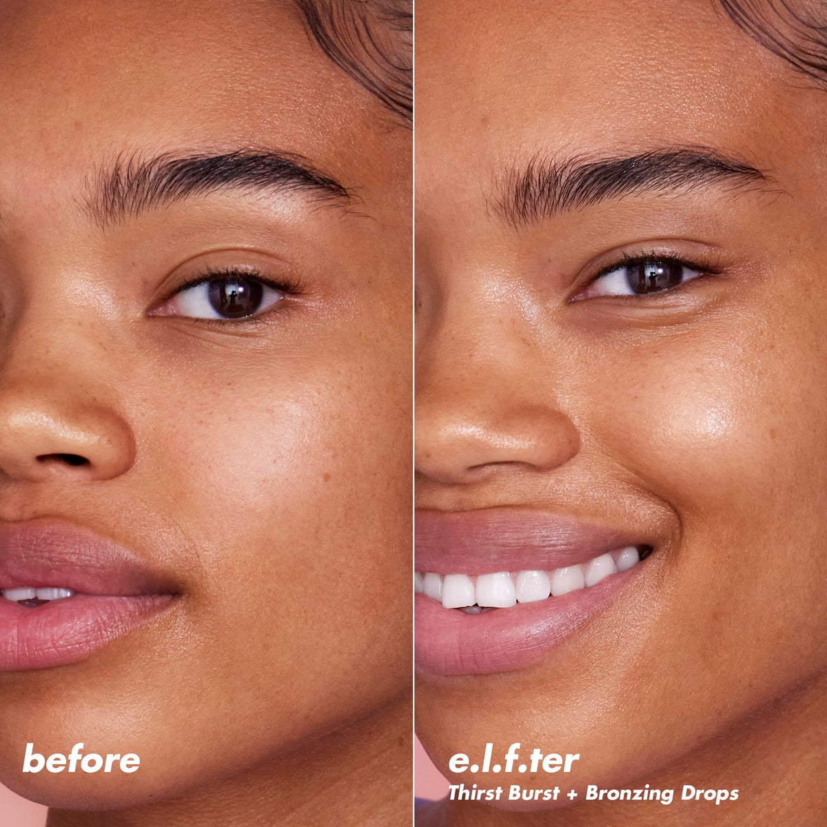 Showcasing e.l.f. SKIN The Hottest Drops Duo's transformative effects on skin hydration and radiance. Original packaging included.