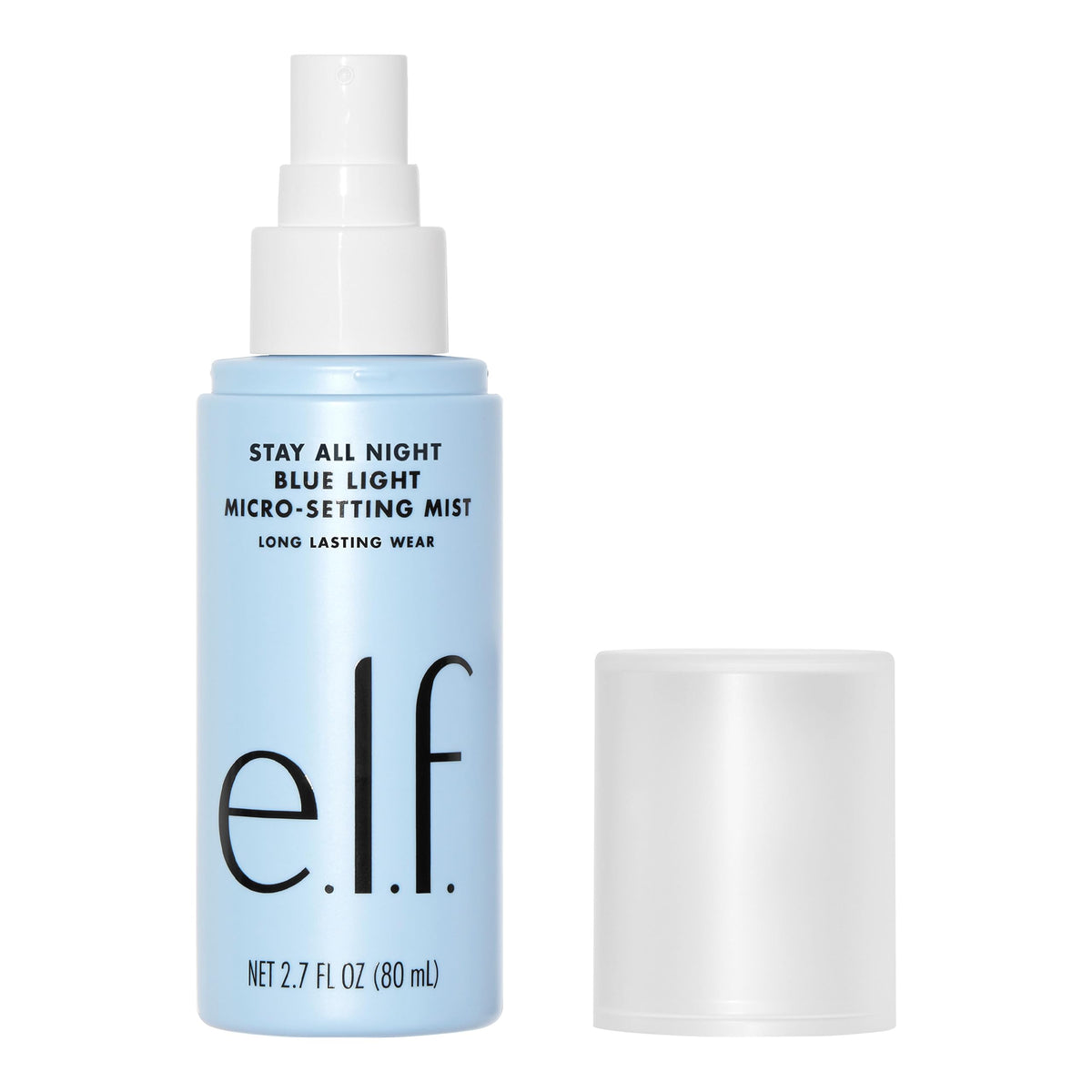 e.l.f. Stay All Night Setting Mist in a blue bottle, ensuring long-lasting makeup wear and protection against blue light.