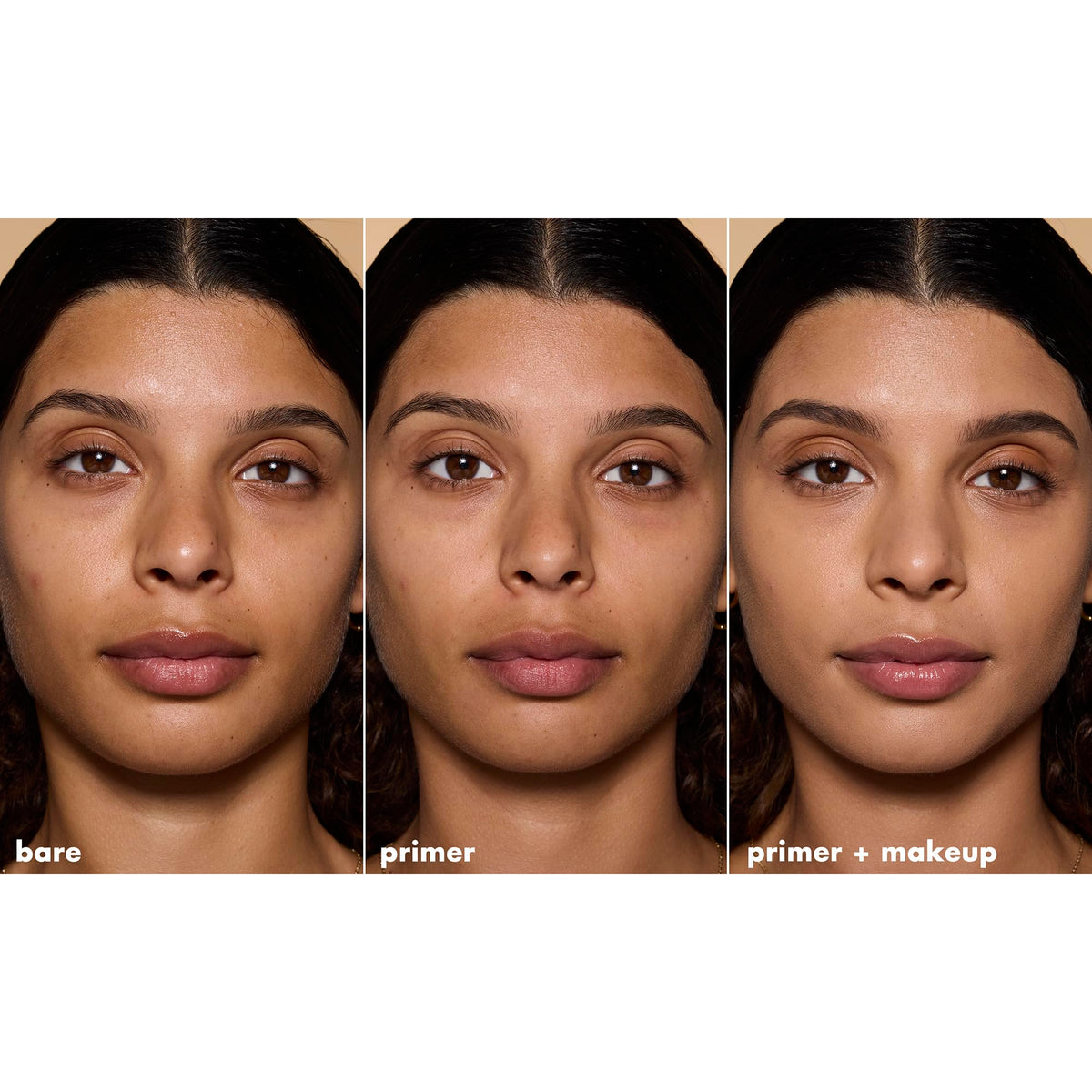 Showcasing e.l.f. Tone Adjusting Face Primer effects: bare skin, primer application, and finished makeup look.