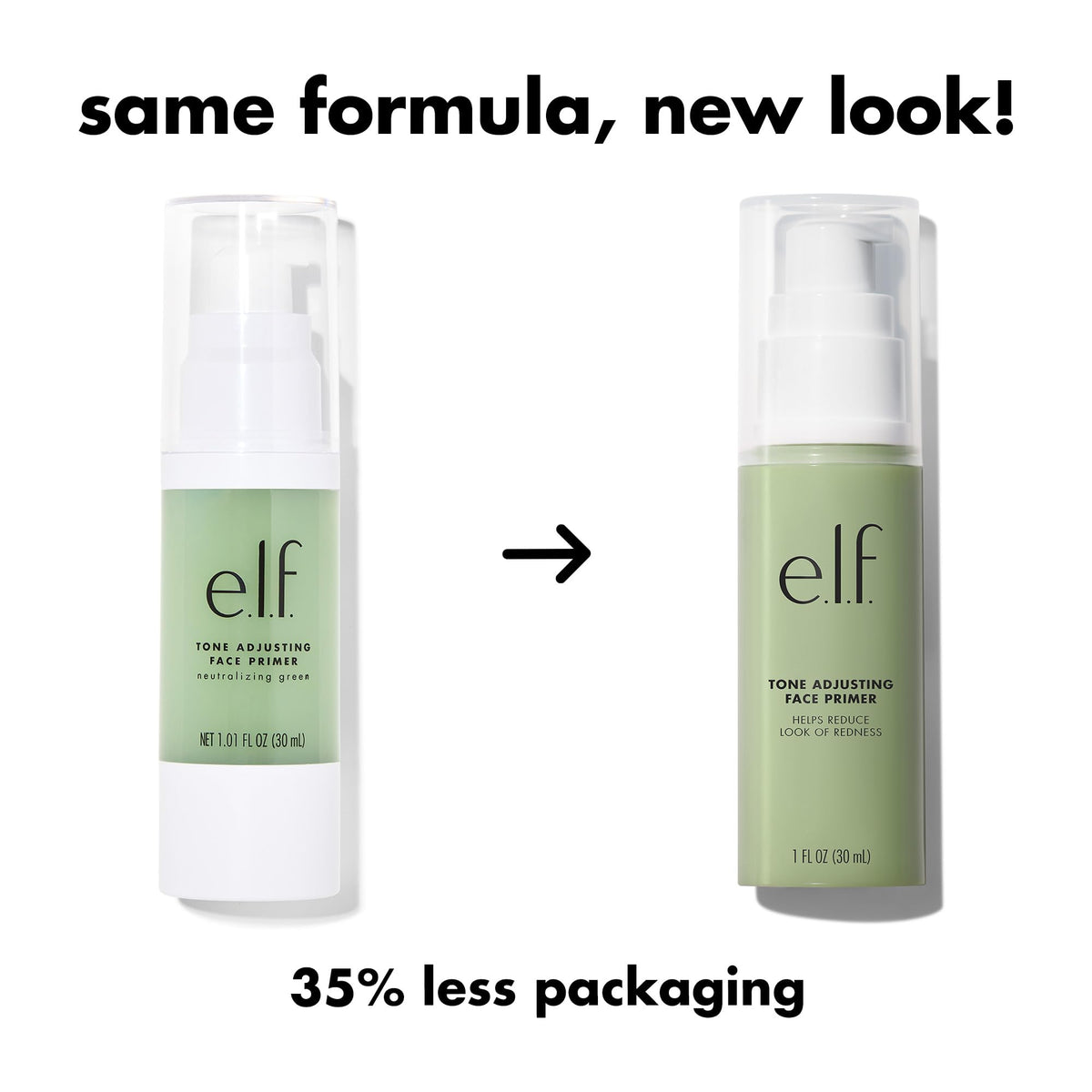 Premium imported e.l.f. Tone Adjusting Face Primer in new, eco-friendly packaging, now 35% less waste.