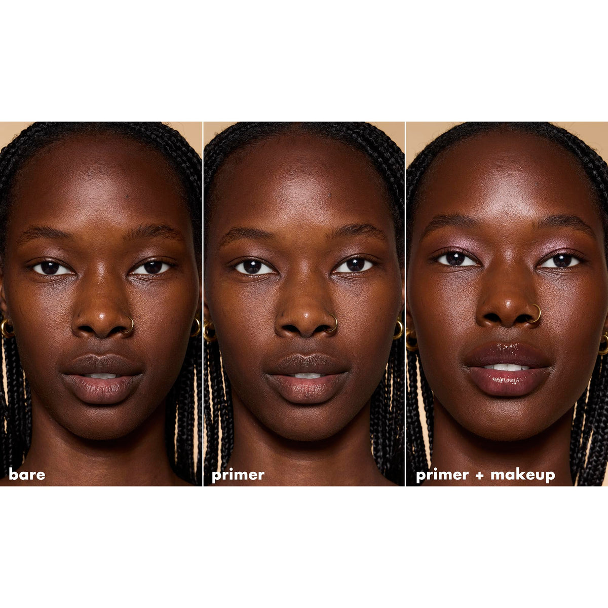 Showcasing e.l.f. Tone Adjusting Face Primer effects: bare skin, applied primer, and finished makeup look. Verified by CuratCart.