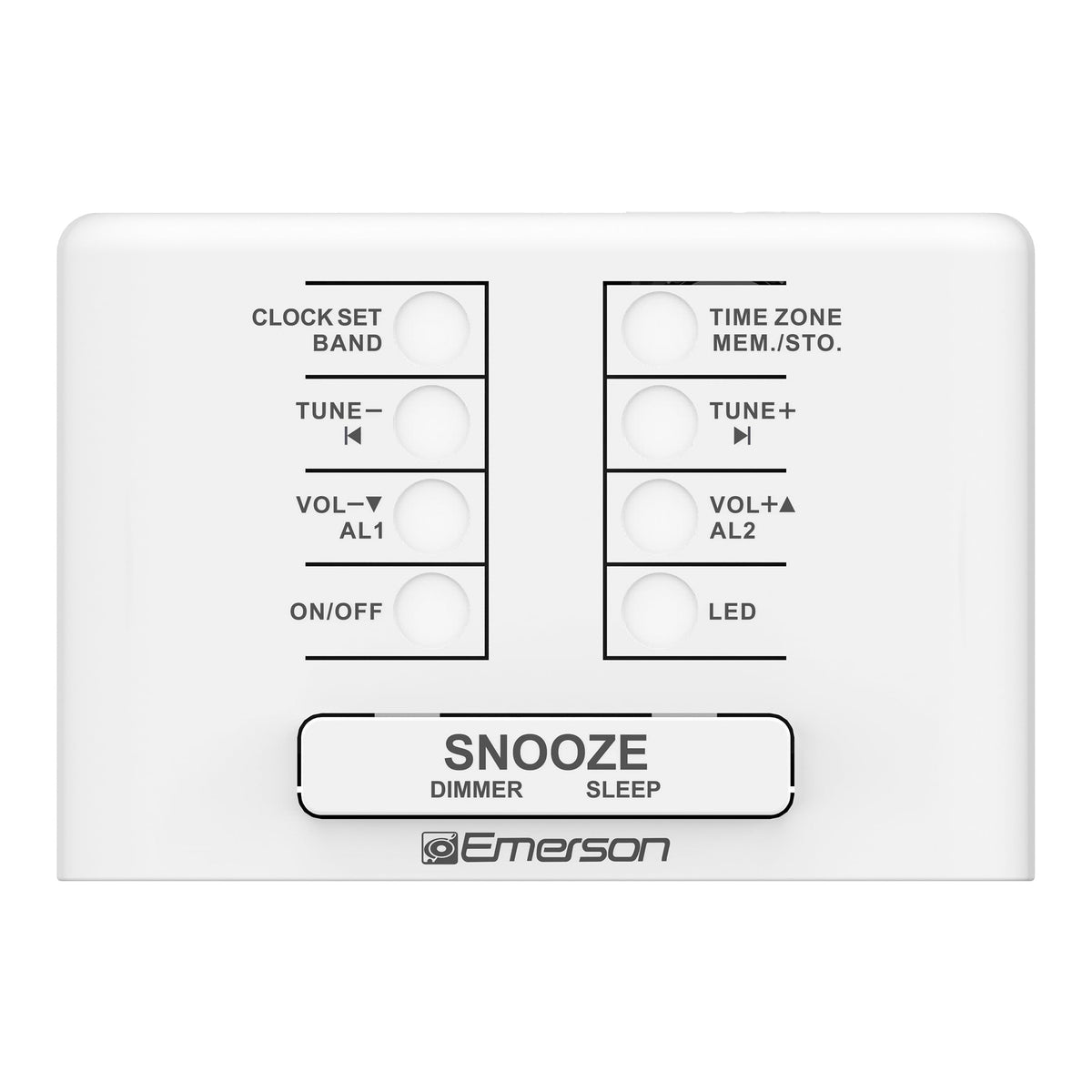 Emerson SmartSet Dual Alarm Clock controls, featuring buttons for tuning, volume, time zone, and snooze functions.
