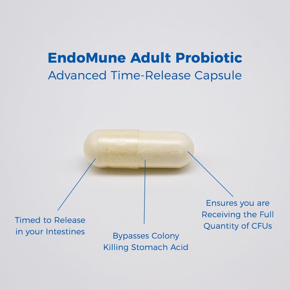 Endomune Advanced Probiotic Supplement features a time-release capsule designed for full CFU delivery. Available at Curat Cart.