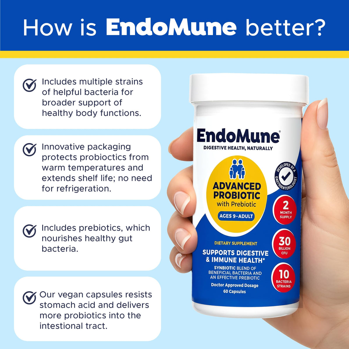 Endomune Advanced Probiotic Supplement supports digestive health with prebiotics. Perfect for daily use. Available at Curat Cart.
