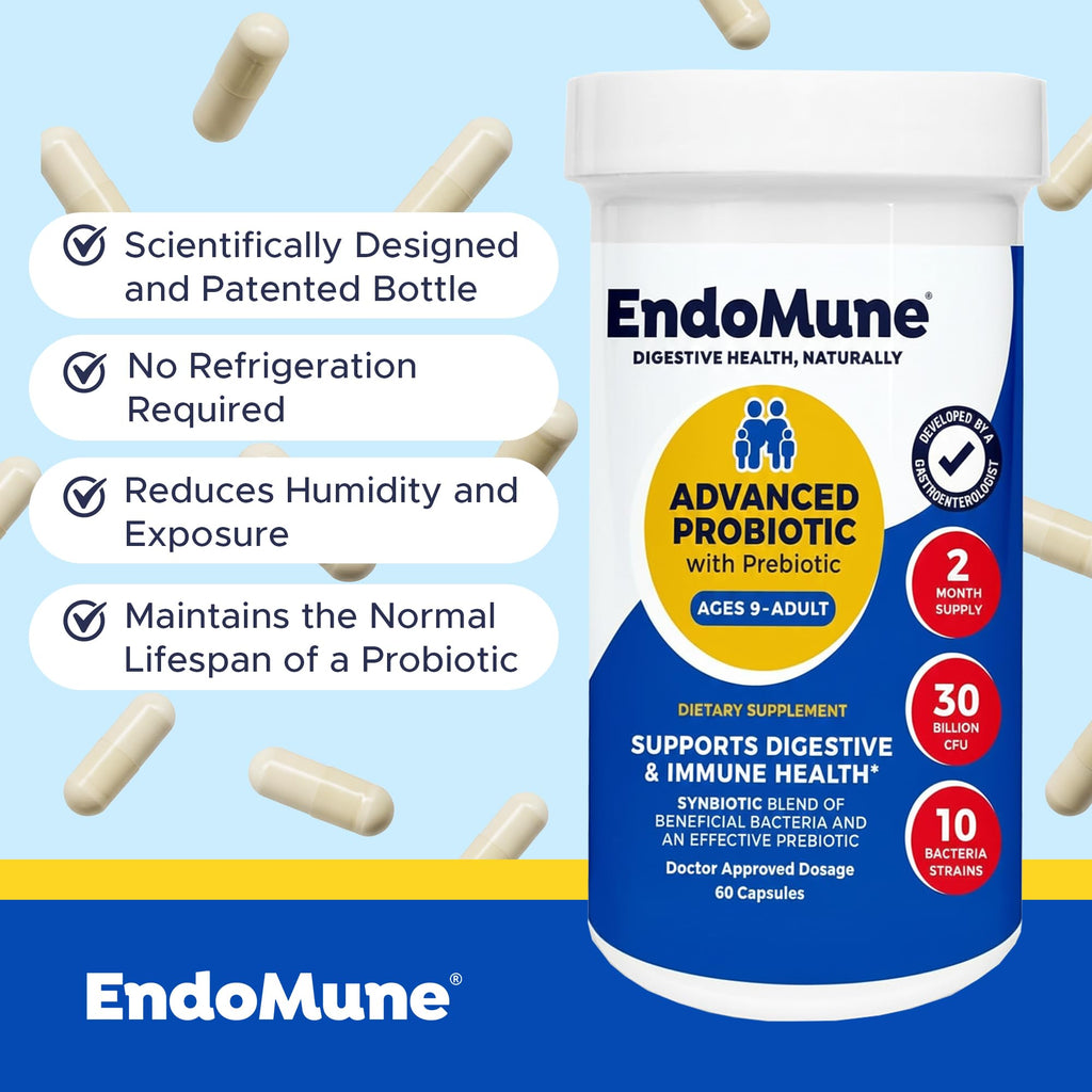 Endomune Advanced Probiotic Supplement in a premium imported bottle, promoting digestive health. Available at Curat Cart.