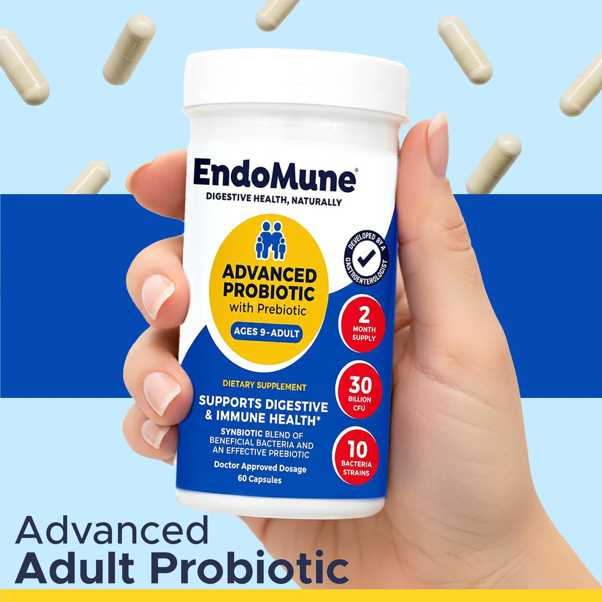 EndoMune Advanced Probiotic Supplement in hand, supports digestive health, 100% Authentic, available at Curat Cart.