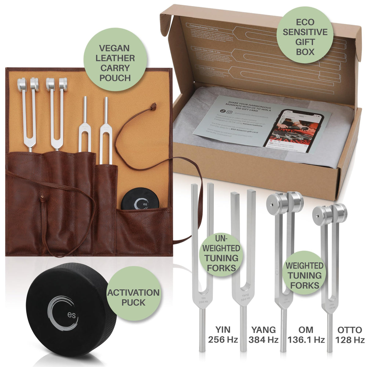High-quality ENSO Resonance Tuning Forks for Healing in vegan leather pouch, presented in eco-sensitive gift box. Available at Curat Cart.