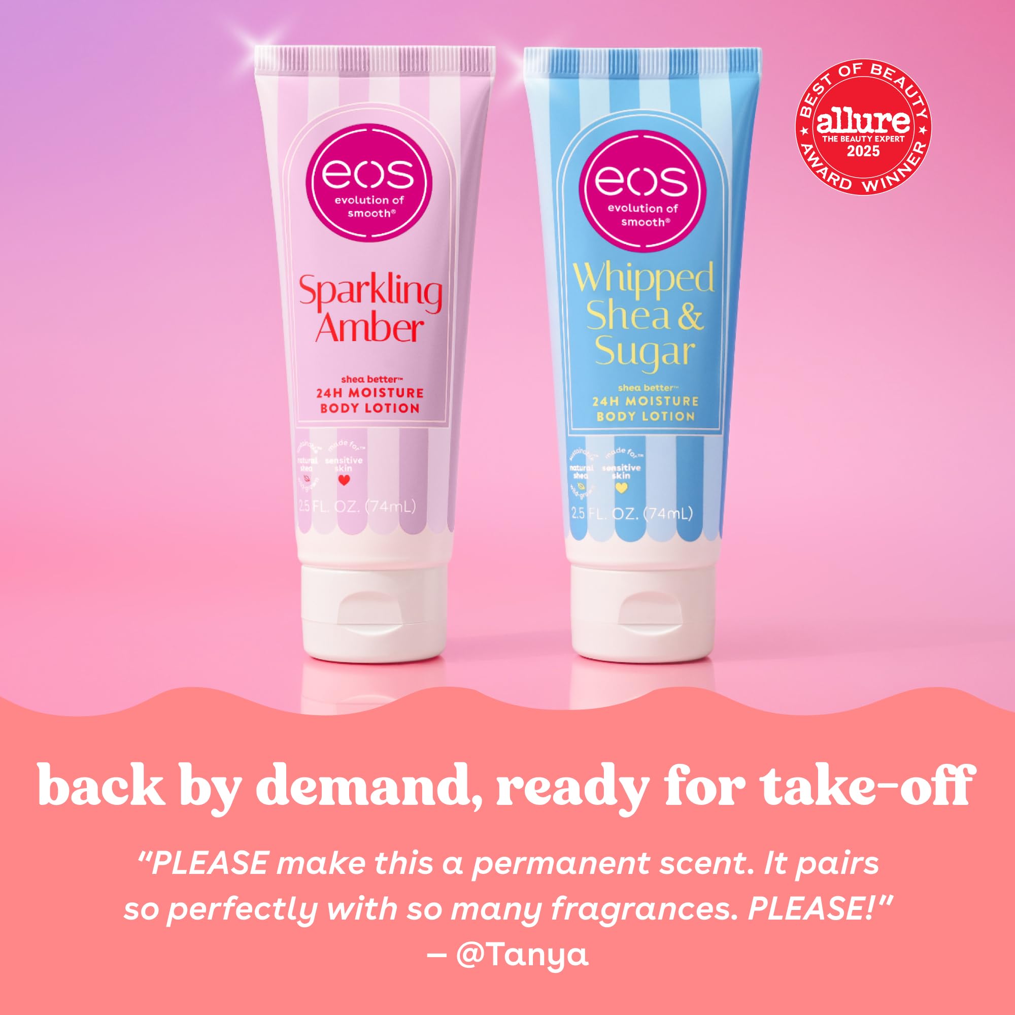 EOS 24H Moisture Body Lotion duo featuring Sparkling Amber and Whipped Shea & Sugar in vibrant packaging, perfect for travel.