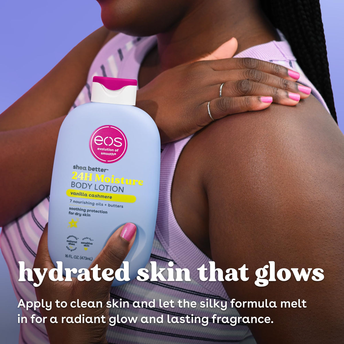 The EOS 24H Moisture Body Lotion in Vanilla Cashmere hydrates skin, offering nourishment and a glowing finish.
