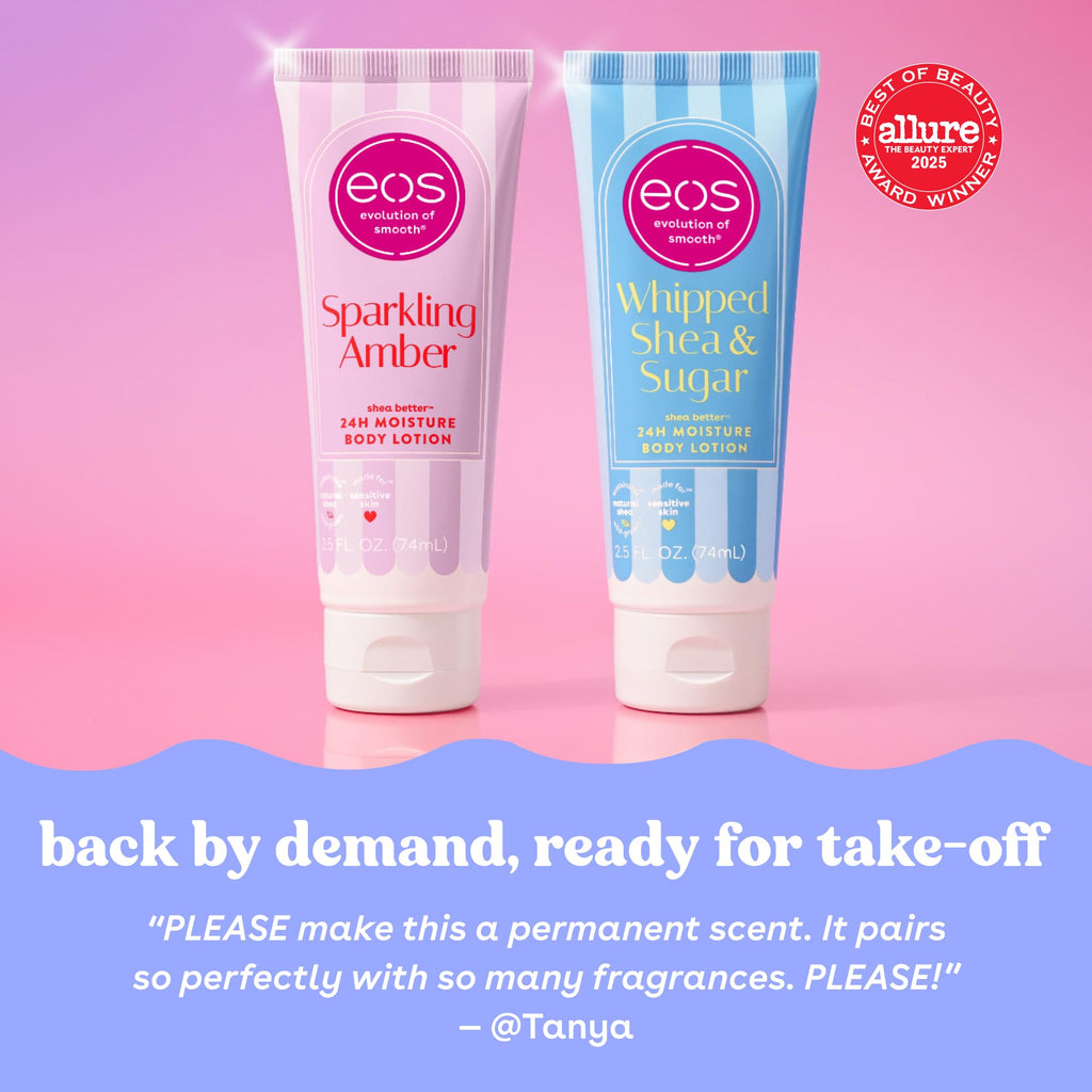 Premium imported EOS 24H Moisture Body Lotion in Sparkling Amber and Whipped Shea & Sugar, perfect for hydration on-the-go.